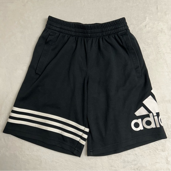 Adidas Boy's Black Athletic‎ Shorts with White Spell Out Logo Size Small - Picture 1 of 7